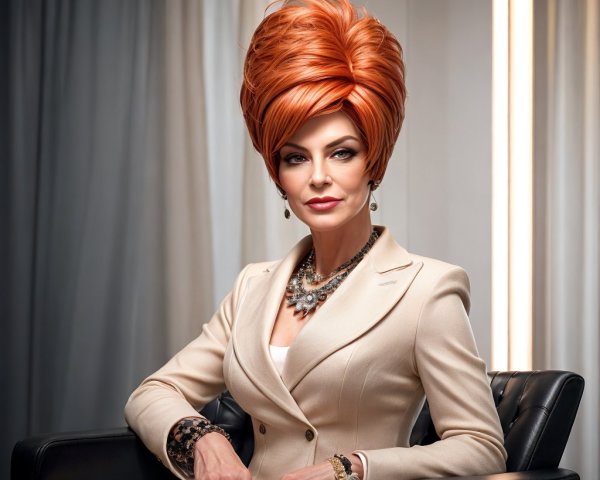 Stylish Woman in Cream Suit with Auburn Wig and Jewelry