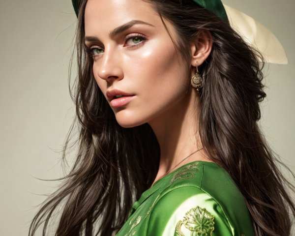 Elegant woman in green outfit with intricate embroidery