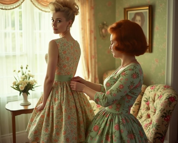Vintage Room with Women in Floral Dresses