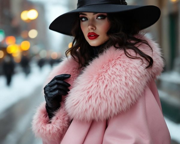 Elegant Woman in Pink Coat in Snowy Urban Setting
