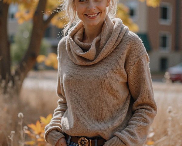 Young woman in cozy sweater with autumn backdrop