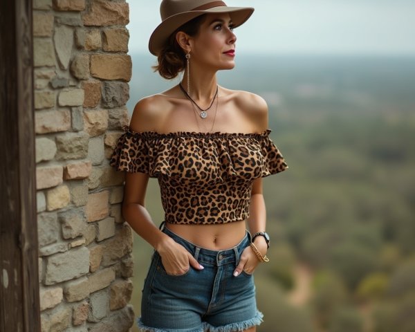 Fashionable Woman in Leopard Print Top and Denim Shorts