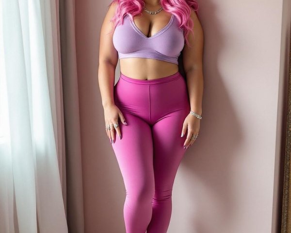 Woman in stylish outfit against pink wall backdrop