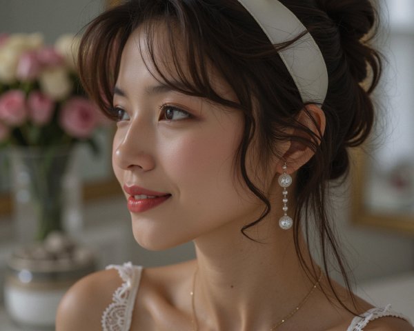 Elegant Young Woman with Cream Bow Headband and Roses