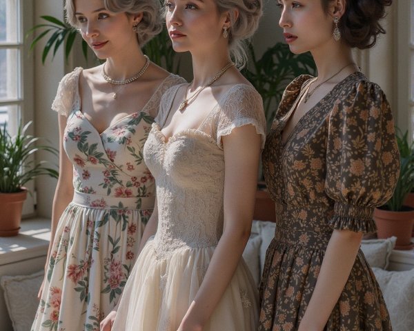 Three Women in Distinct Dresses in Sunlit Room