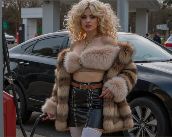 Stylish Individual in Luxurious Outfit at Gas Station
