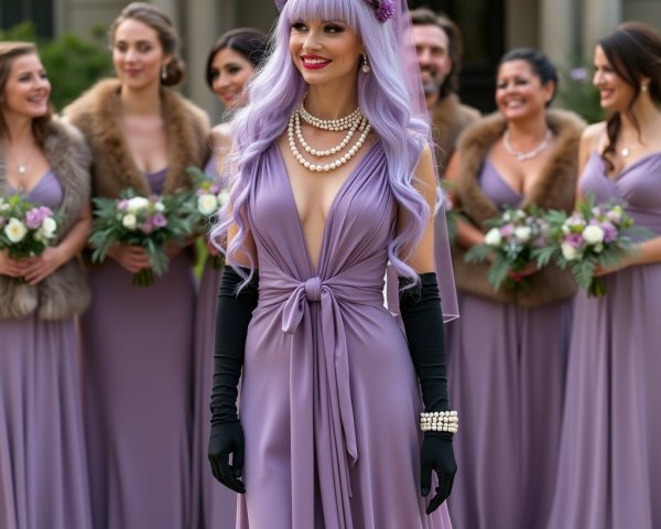 Glamorous Bride in Lavender Gown with Bridesmaids