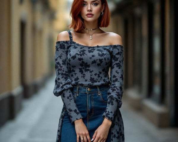 Auburn-haired woman in floral top and denim skirt