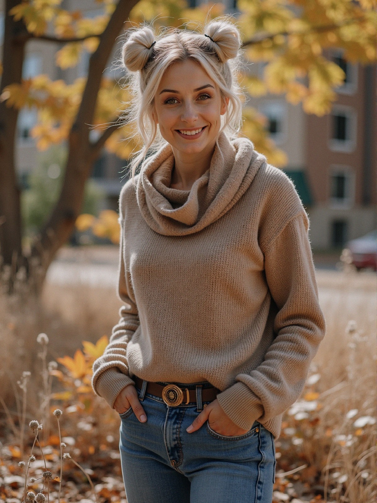 Young woman in cozy sweater with autumn backdrop