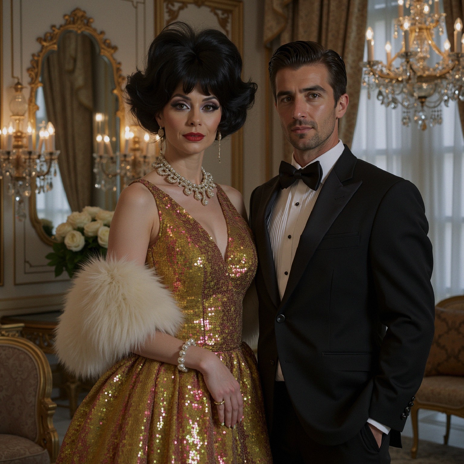 Glamorous Couple in Opulent Room with Chandeliers