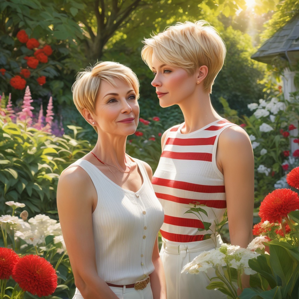 Mother and Daughter in a Vibrant Garden Setting