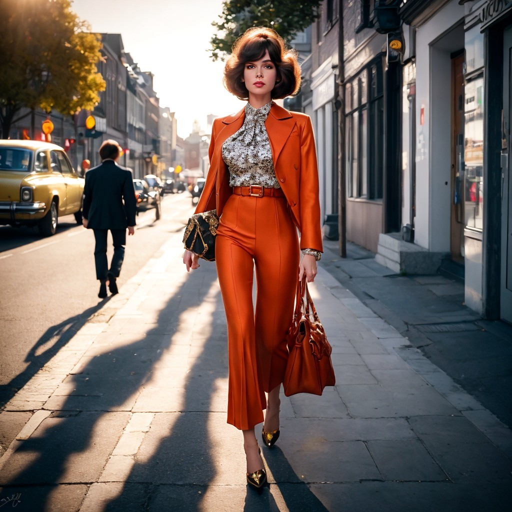Stylish Woman in Orange Suit on City Street
