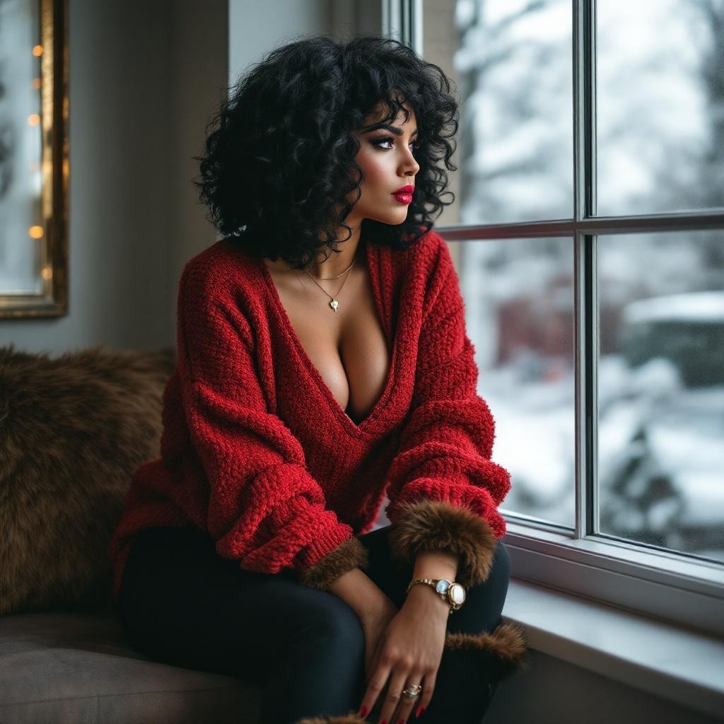 Woman in cozy red sweater by snowy window scene
