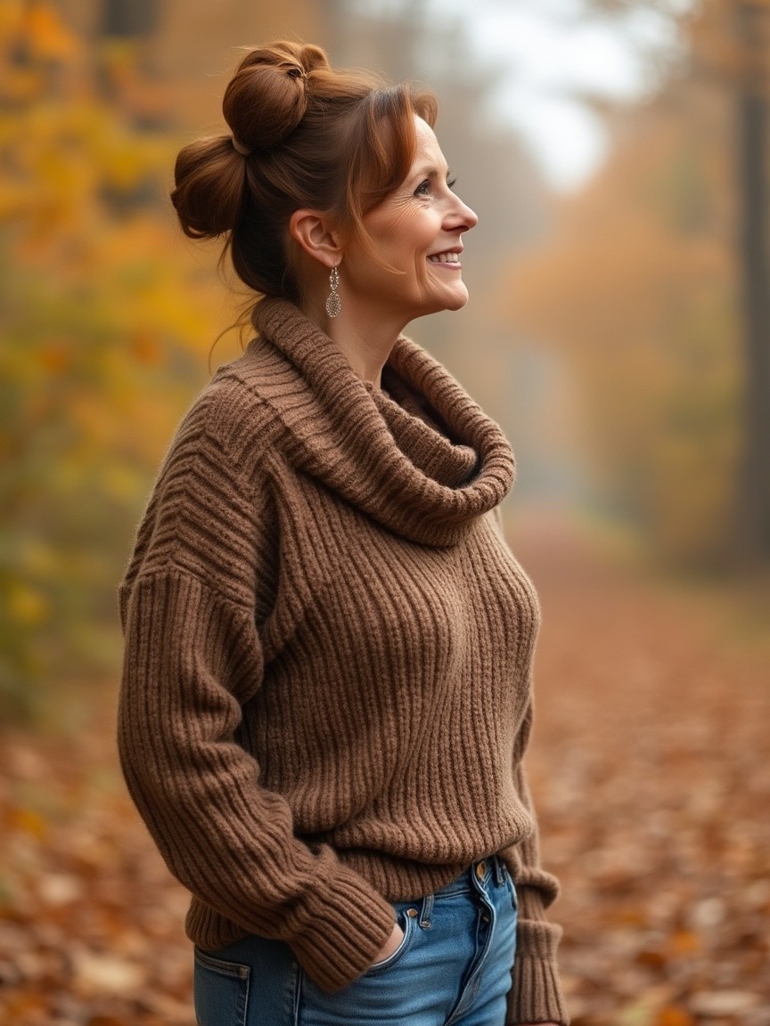 Woman in Autumn Forest with Vibrant Leaves and Sweater