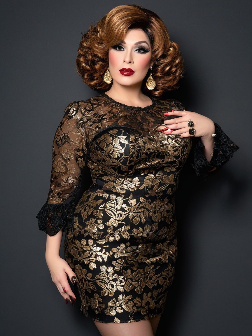 Glamorous Figure in Black Dress with Gold Floral Patterns