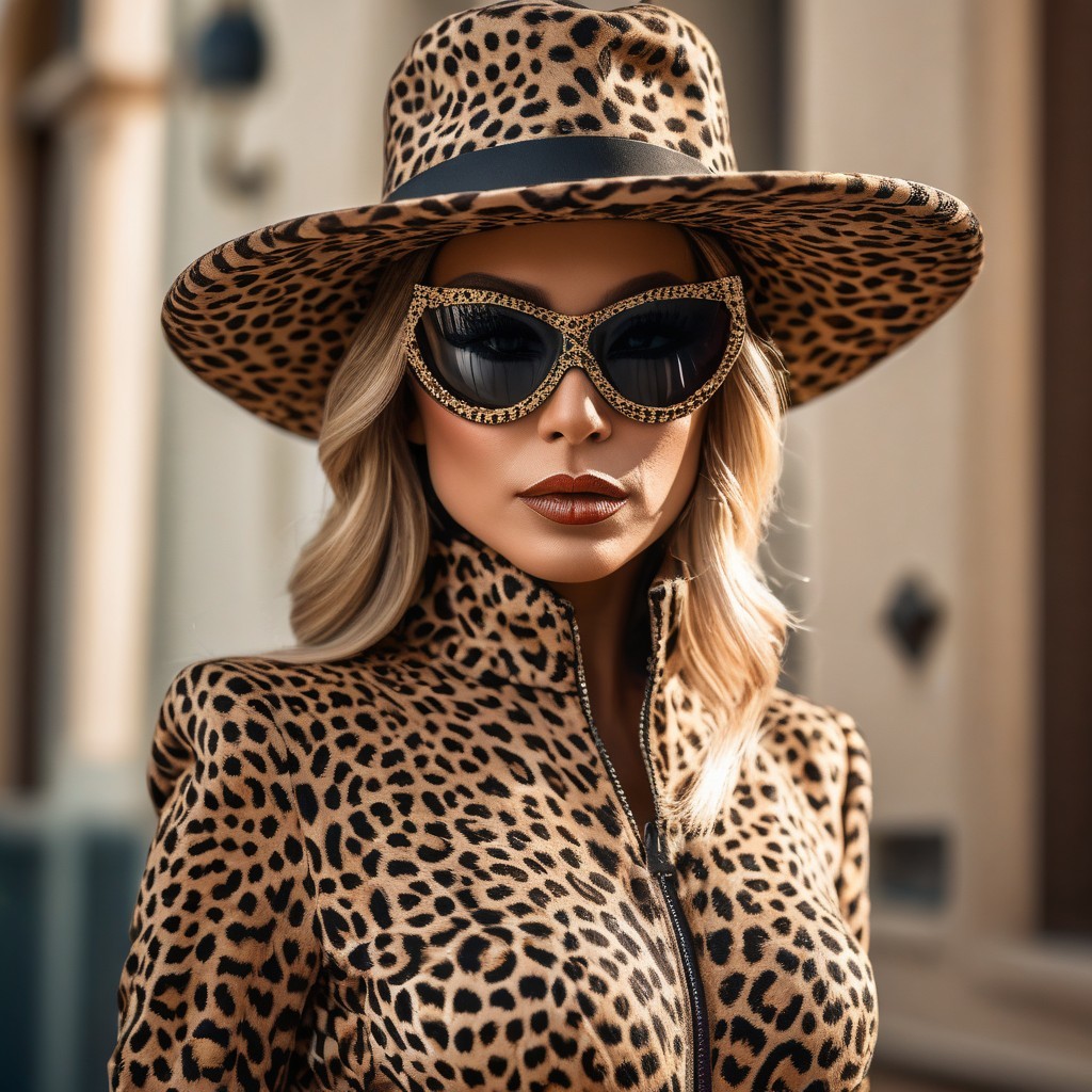 Chic Woman in Leopard-Print Jacket and Hat