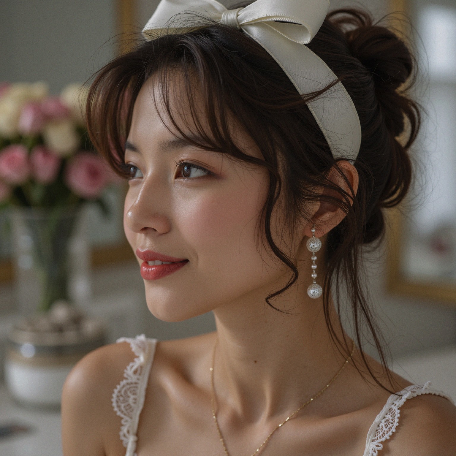 Elegant Young Woman with Cream Bow Headband and Roses
