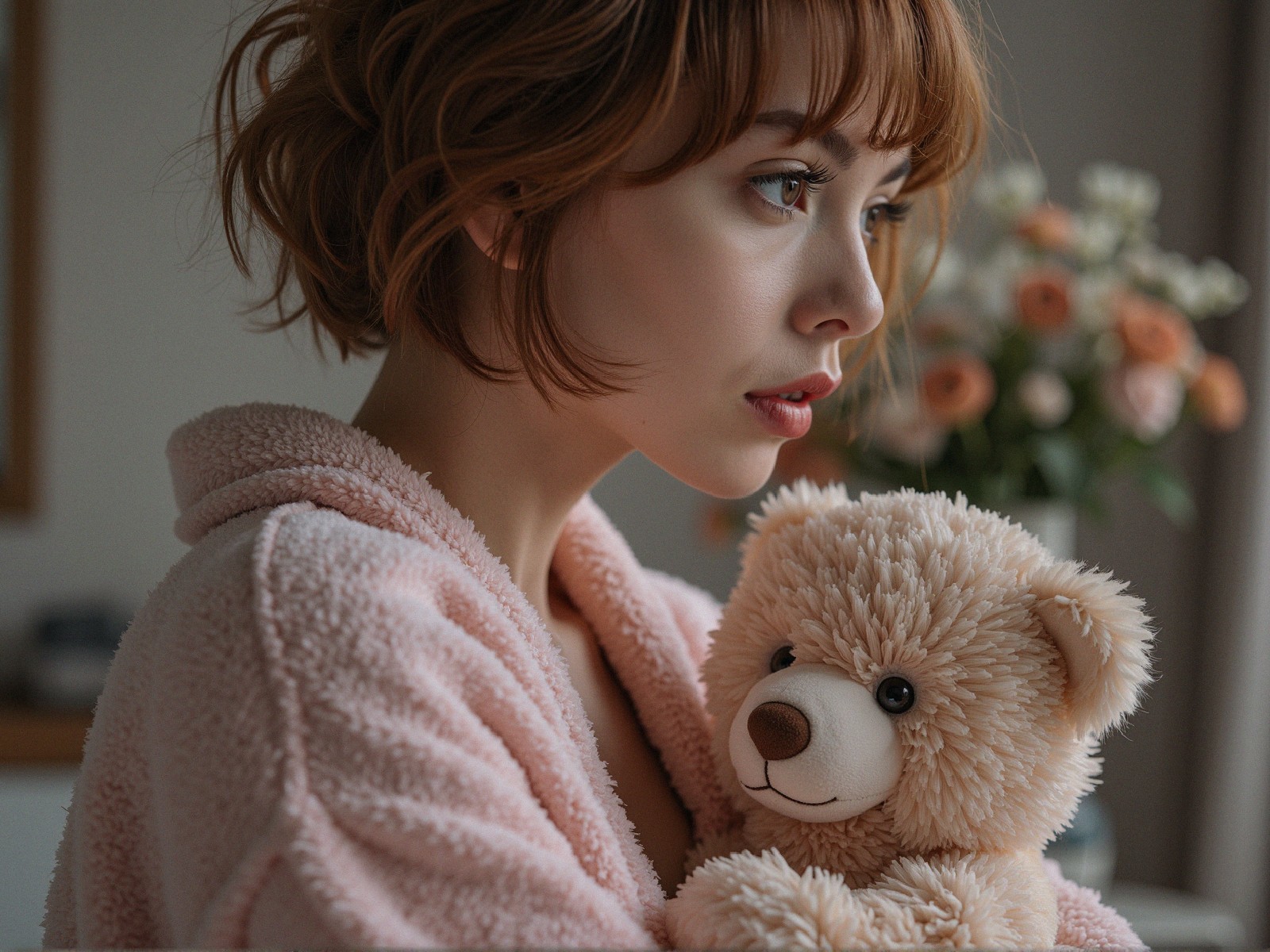 Young woman in pink robe with teddy bear and flowers