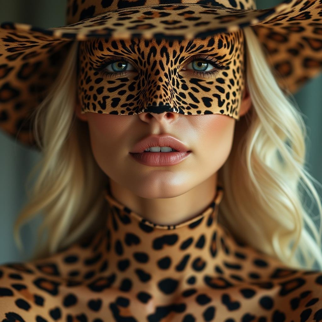 Portrait of a Woman in Leopard-Print Attire and Mask