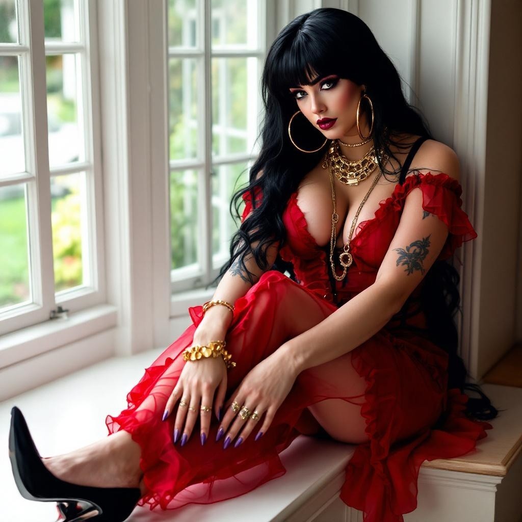 Elegant Figure in Red Dress by a Large Window