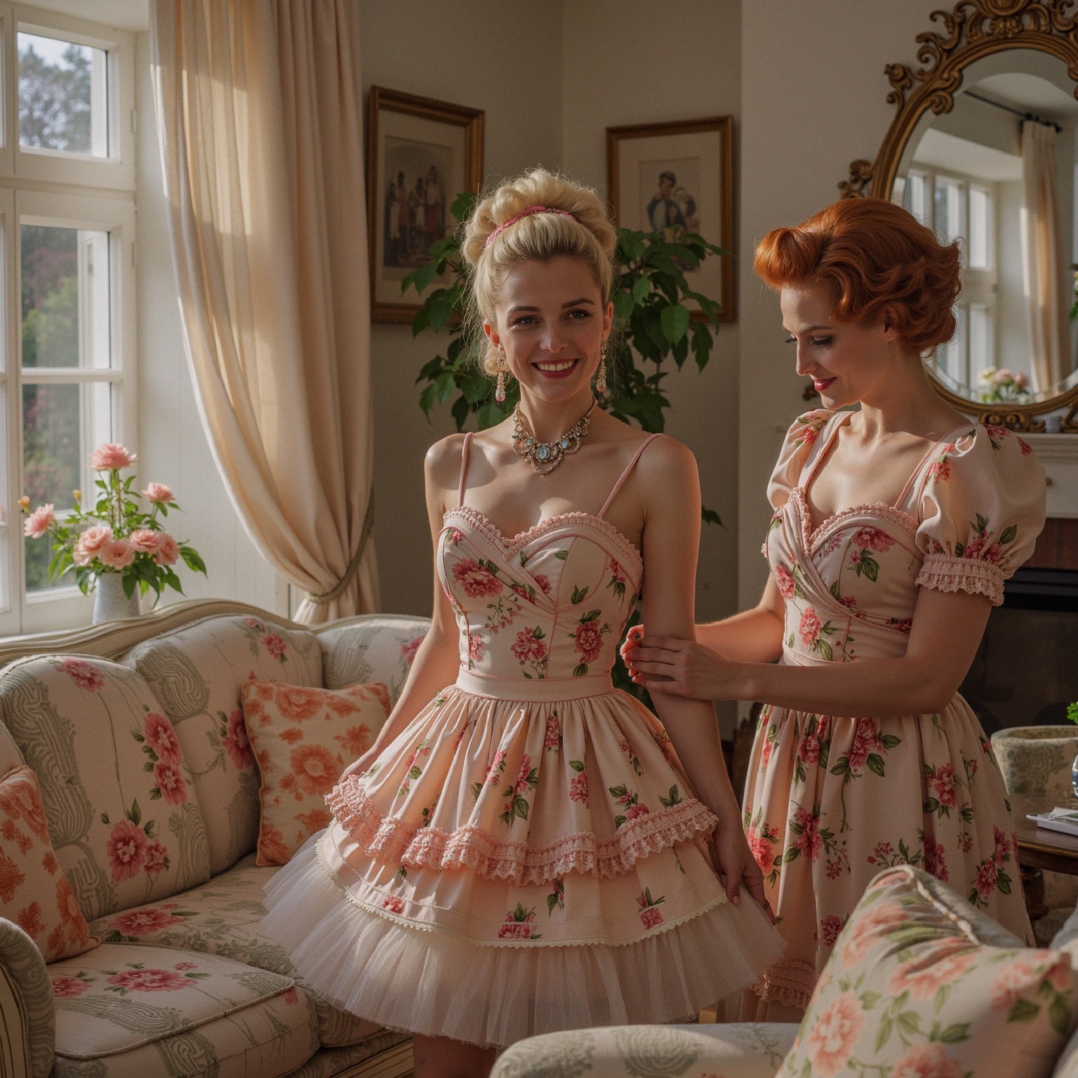 Elegant Women in Vintage Living Room with Floral Decor