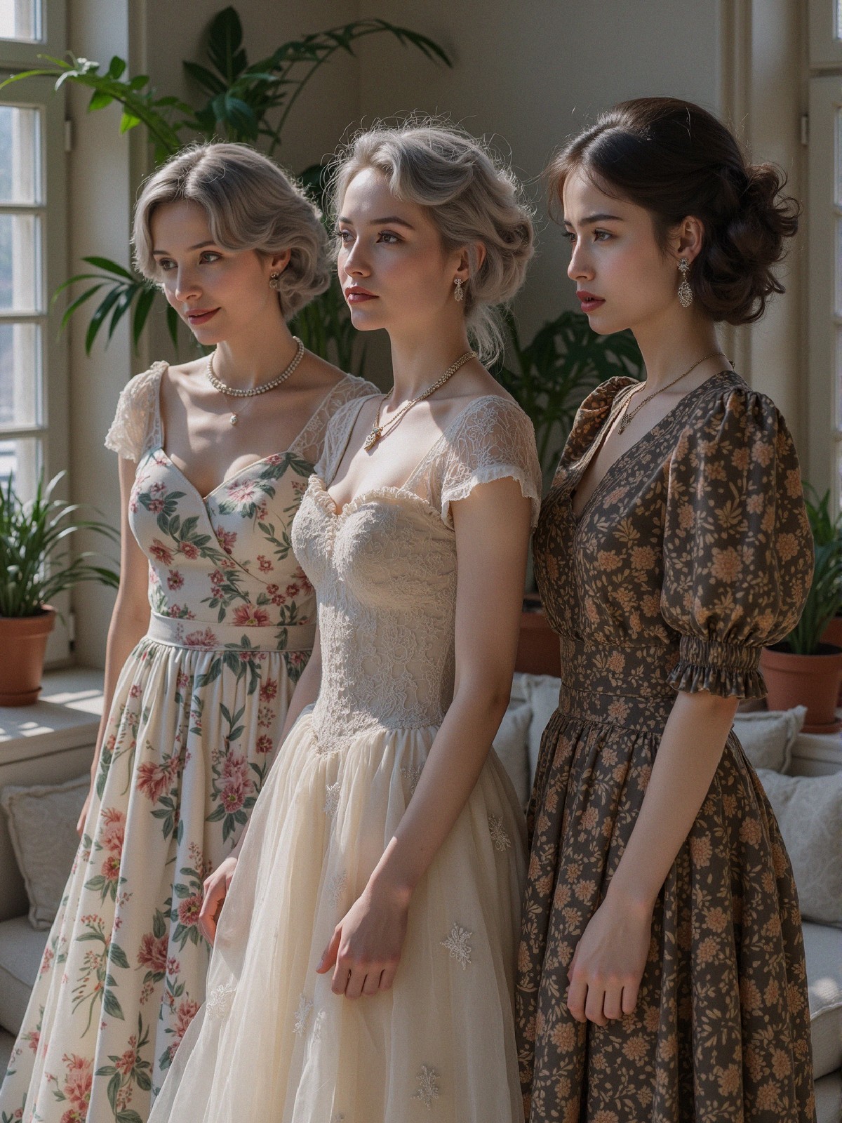 Three Women in Distinct Dresses in Sunlit Room