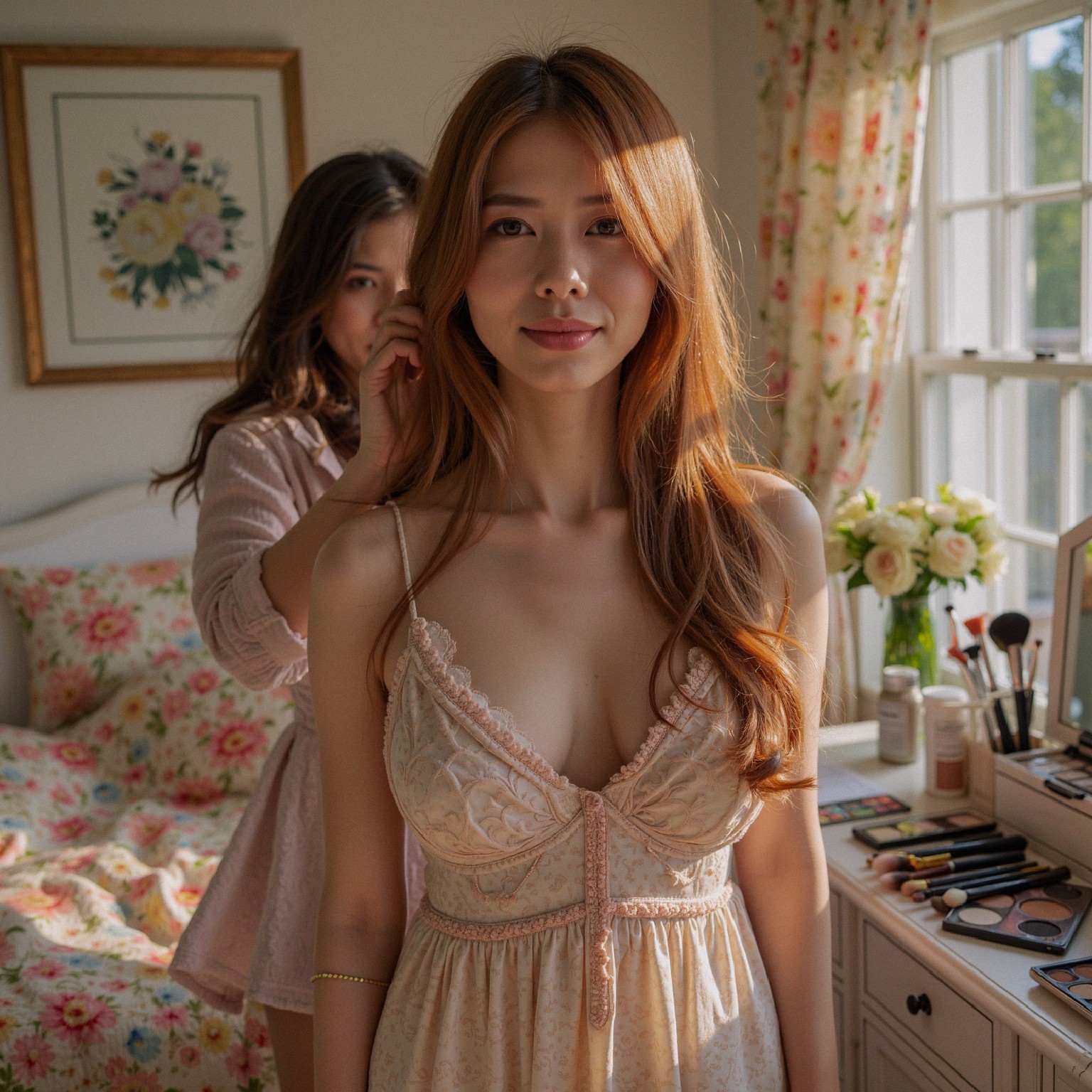 Cozy Bedroom Scene with Two Women and Floral Decor