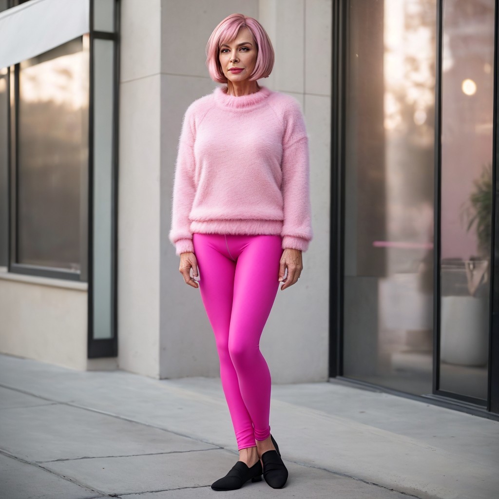 Stylish Woman in Pink Outfit Outside Modern Building