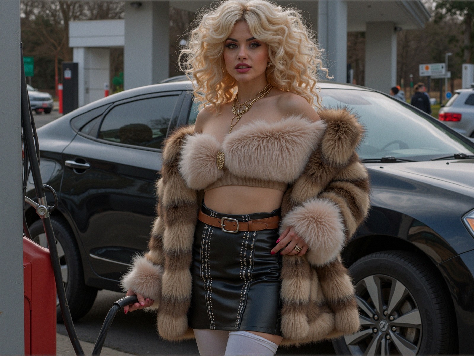 Stylish Individual in Luxurious Outfit at Gas Station