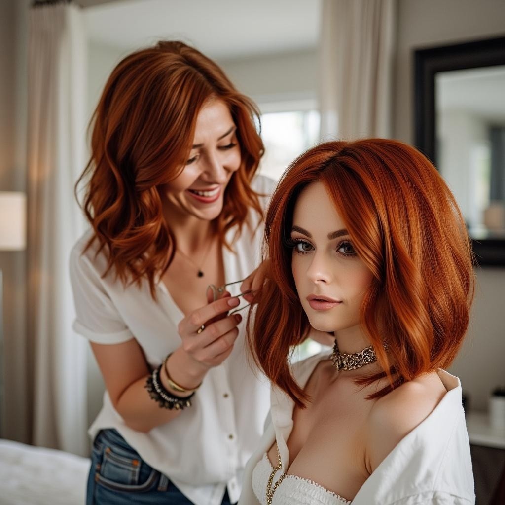 Makeup Artist Styles Model with Vibrant Auburn Hair