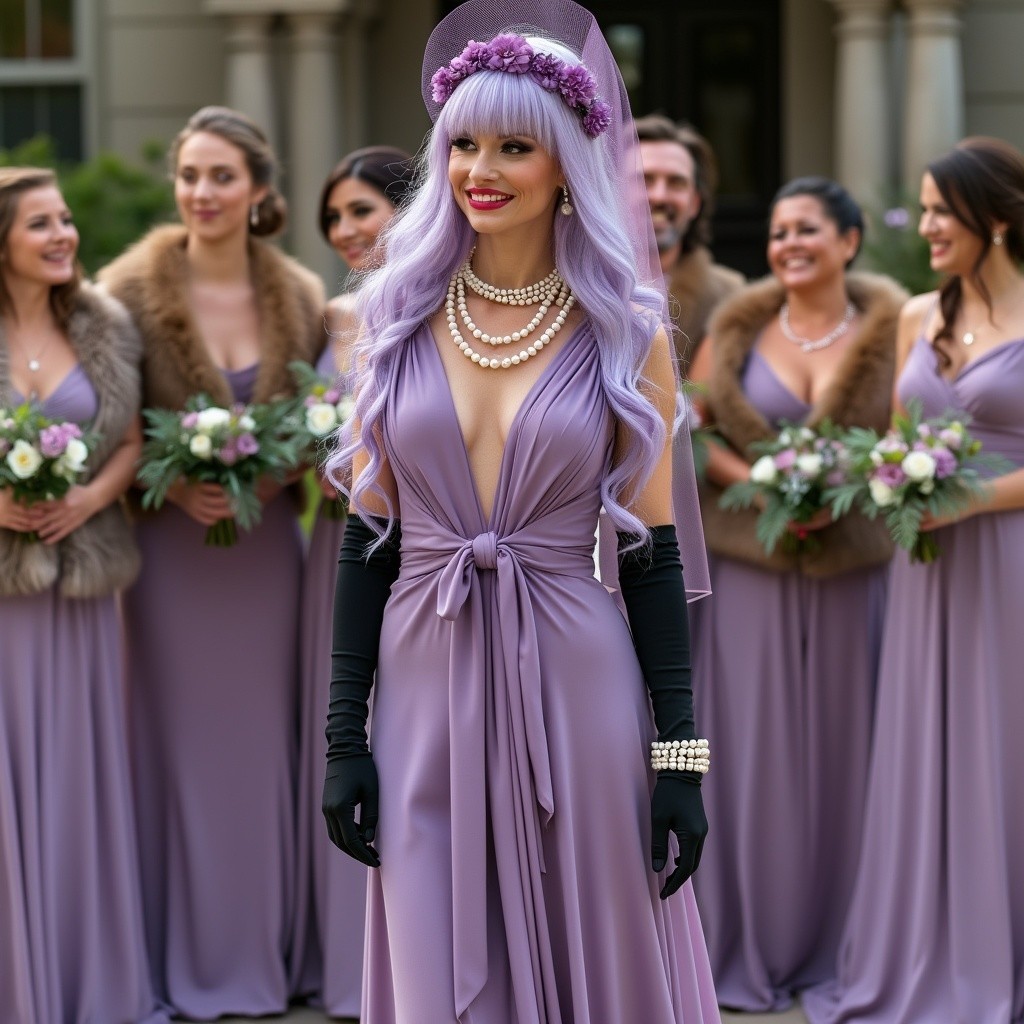 Glamorous Bride in Lavender Gown with Bridesmaids