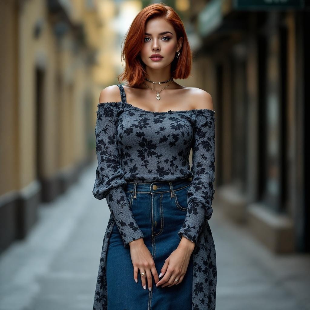 Auburn-haired woman in floral top and denim skirt