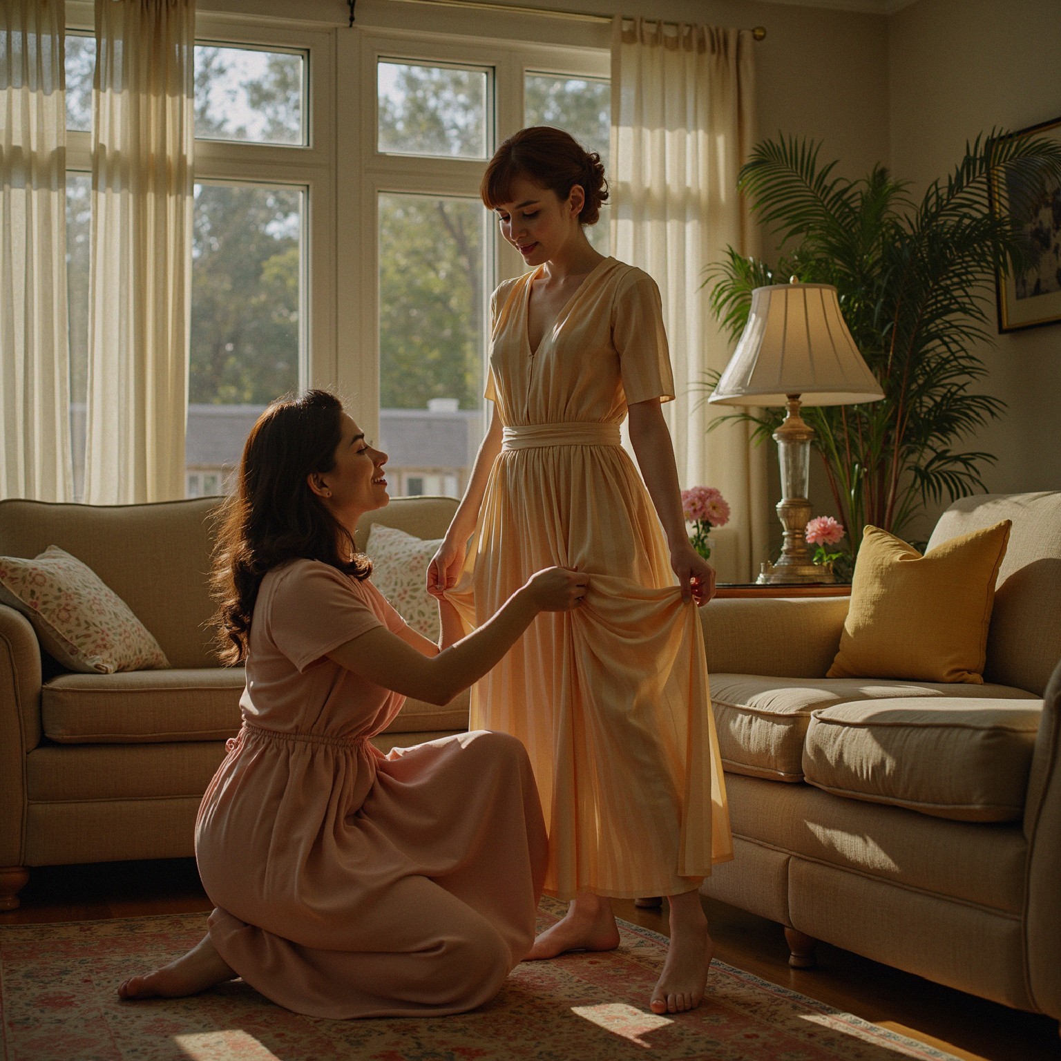 Joyful Moment in a Sunlit Living Room with Women