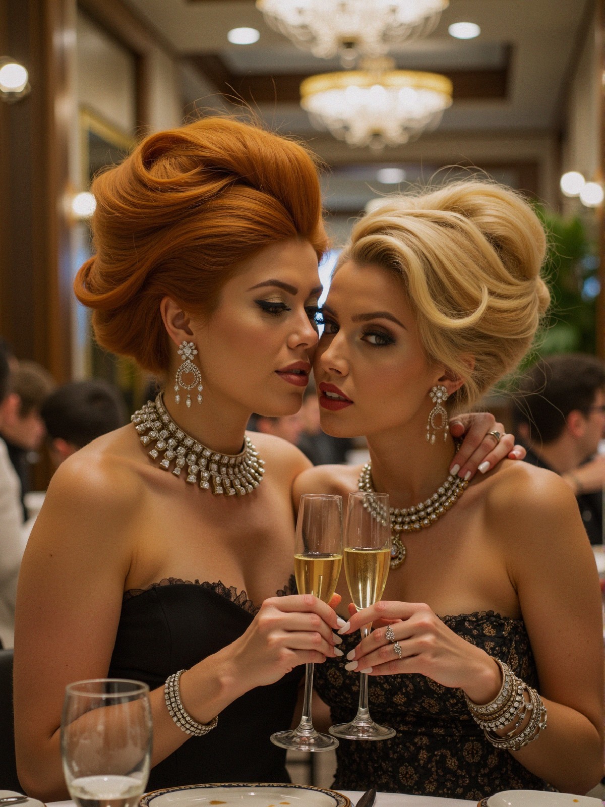 Elegant Restaurant Scene with Stylish Women and Champagne