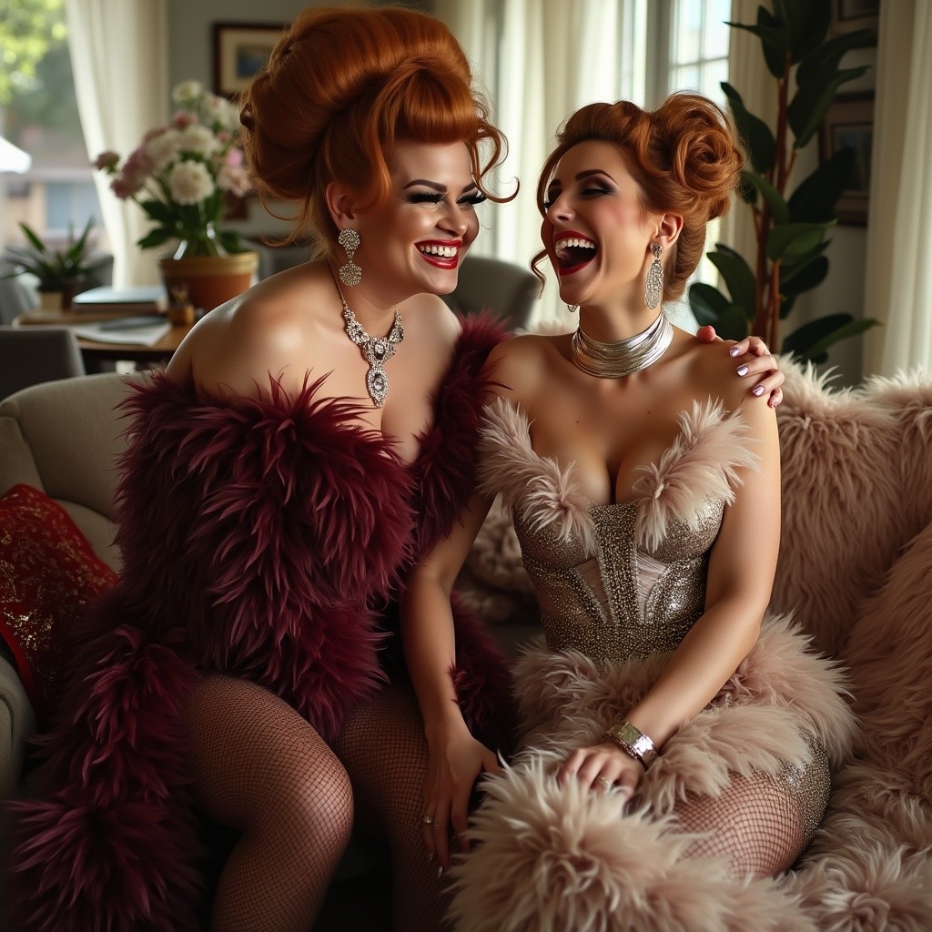 Stylish Women in Glamorous Outfits in Elegant Living Room
