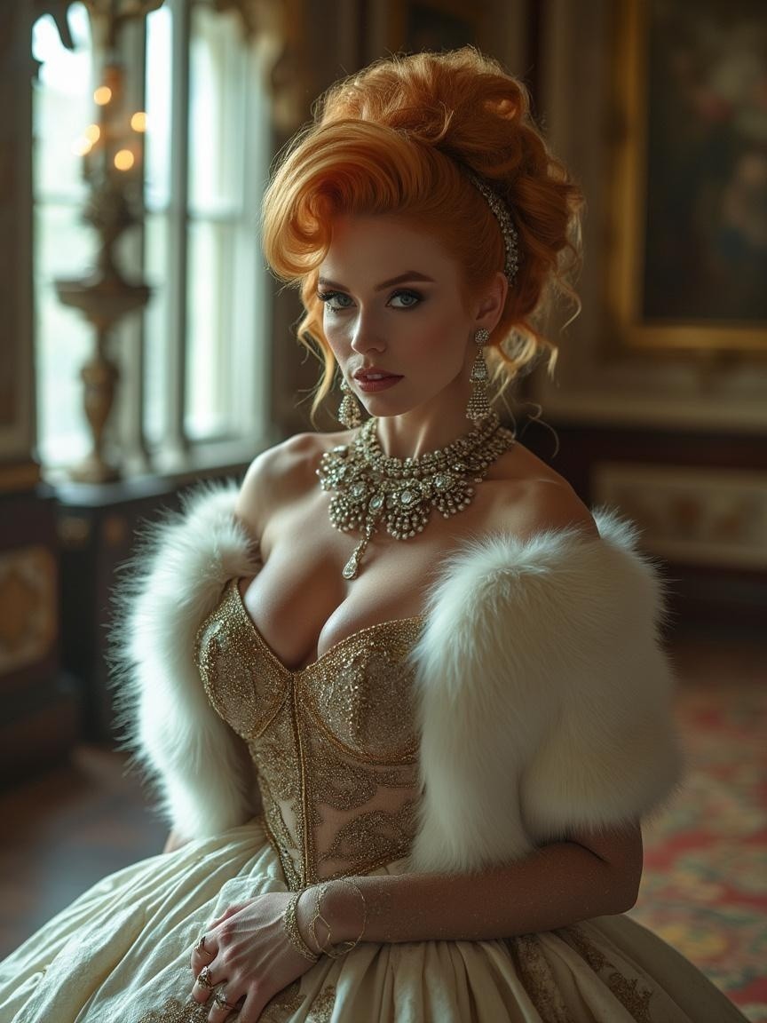 Glamorous Woman in Vintage-Inspired Gown and Fur Wrap