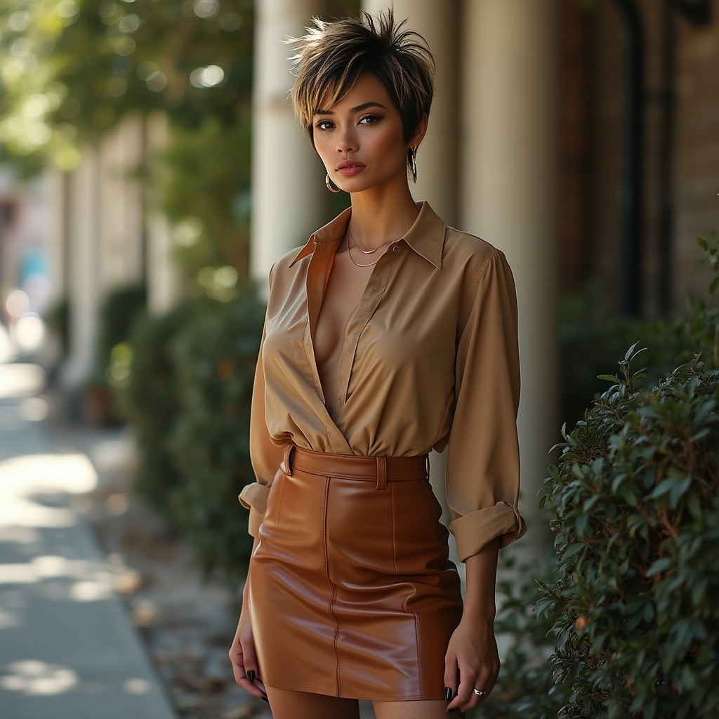 Stylish Woman in Beige Blouse and Leather Skirt