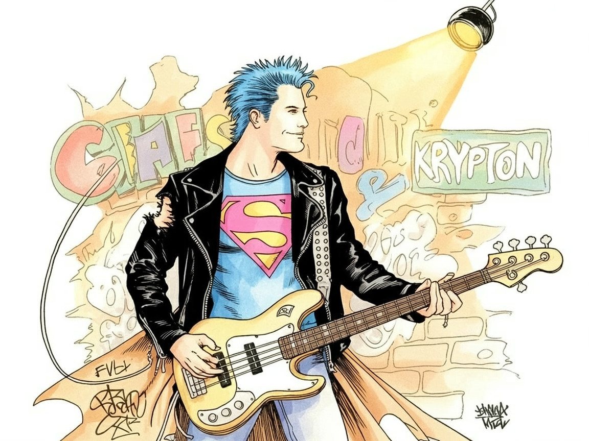 Modern superhero with blue hair and electric bass guitar