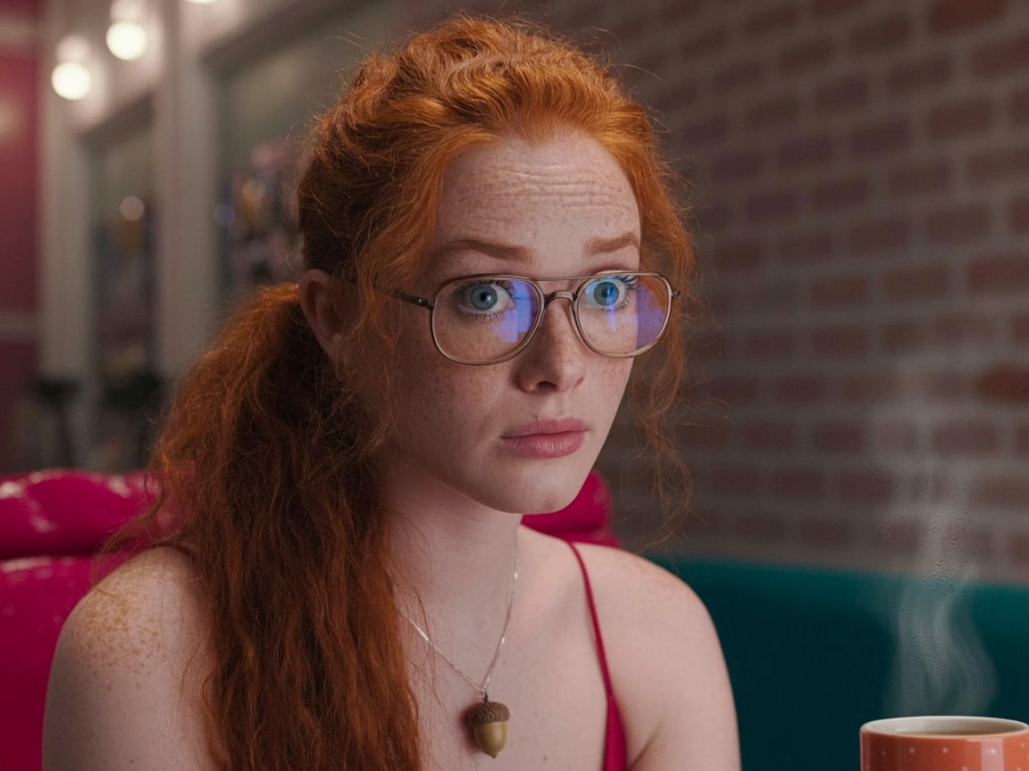 Young woman with red hair in cozy café setting