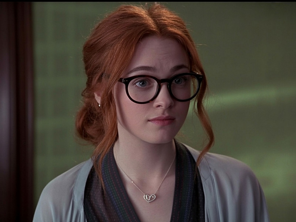 Young woman with red hair and large black glasses