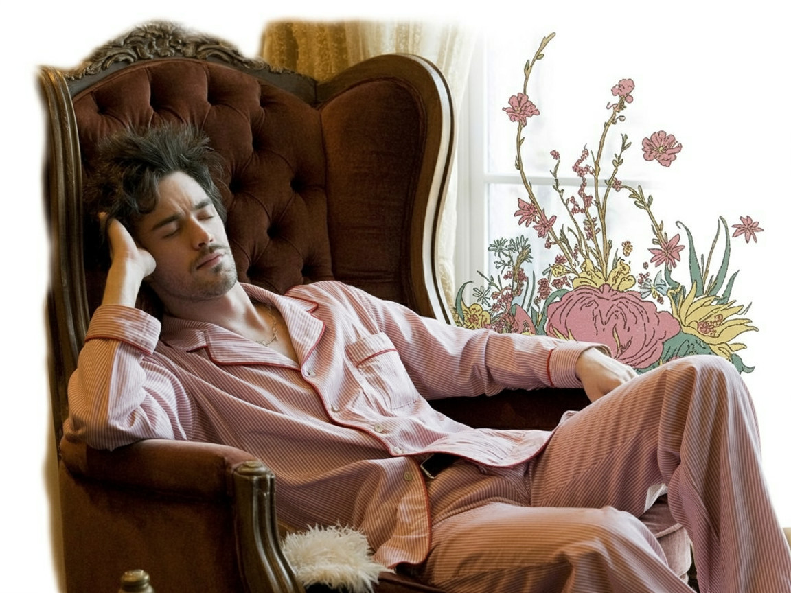 Young man in striped pajamas relaxing in an armchair