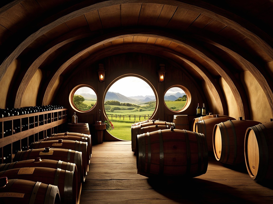 Cozy Wine Cellar with Round Window and Scenic View