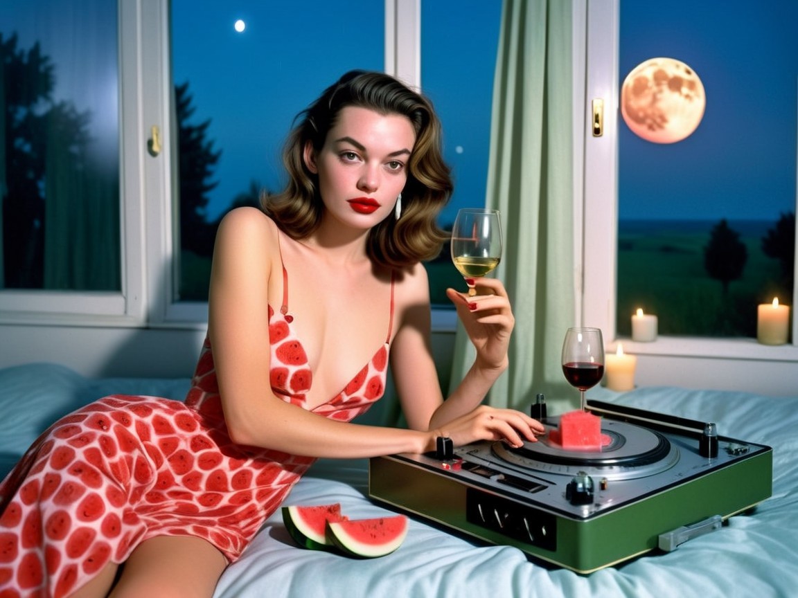 Stylish Woman in Watermelon Dress with Vintage Turntable