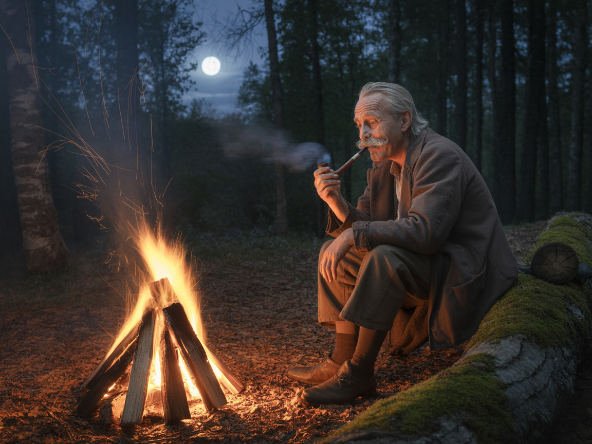 Elderly Man by Campfire in Serene Forest at Night