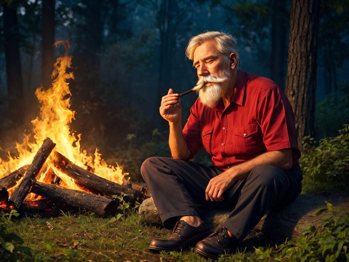 Elderly man by campfire in tranquil forest setting