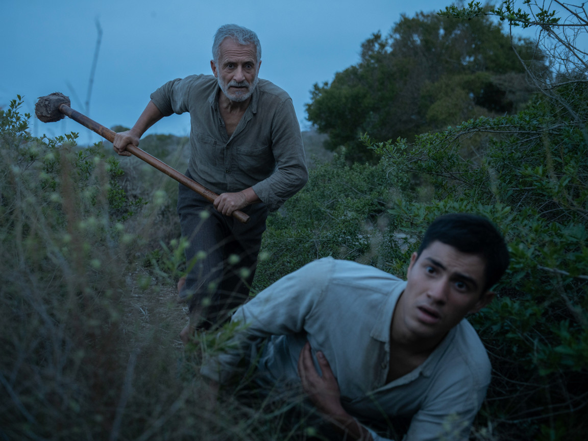 Tense Scene of Two Men in a Grassy Landscape