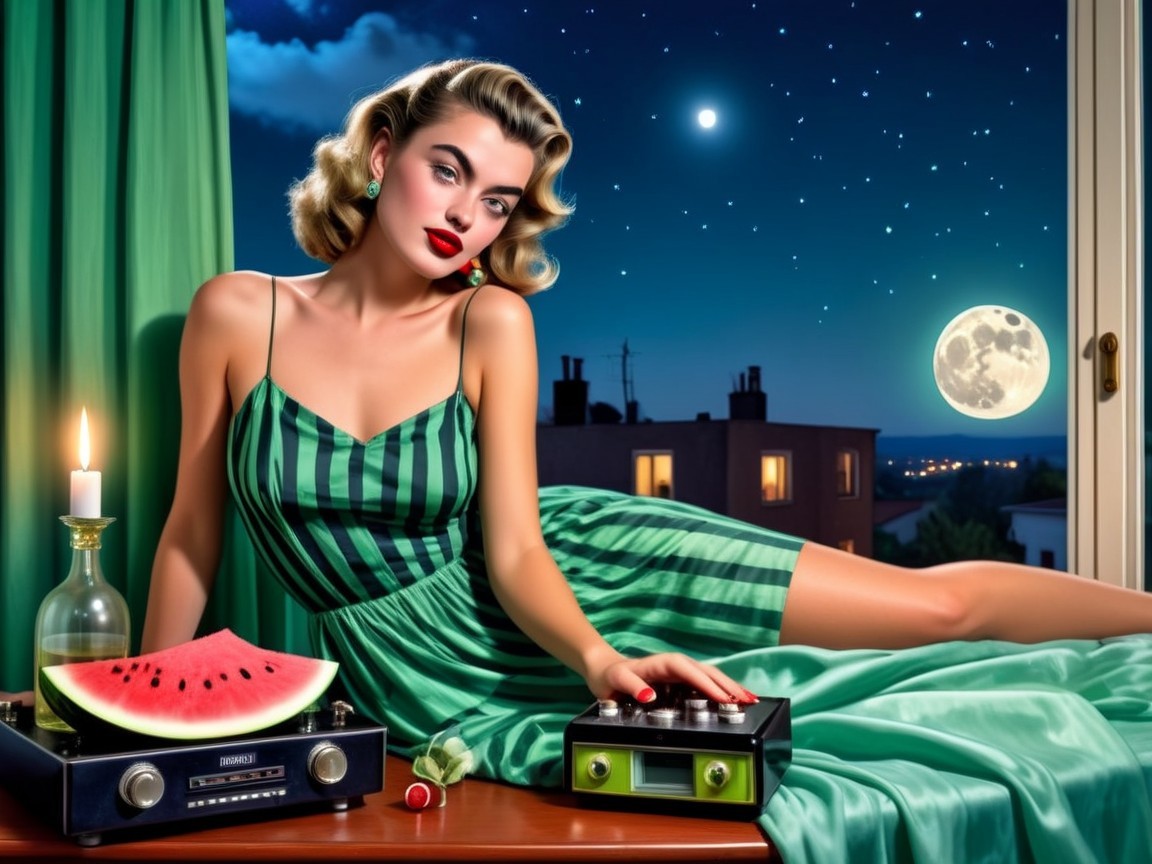 Glamorous Woman in Retro Scene by Window at Night