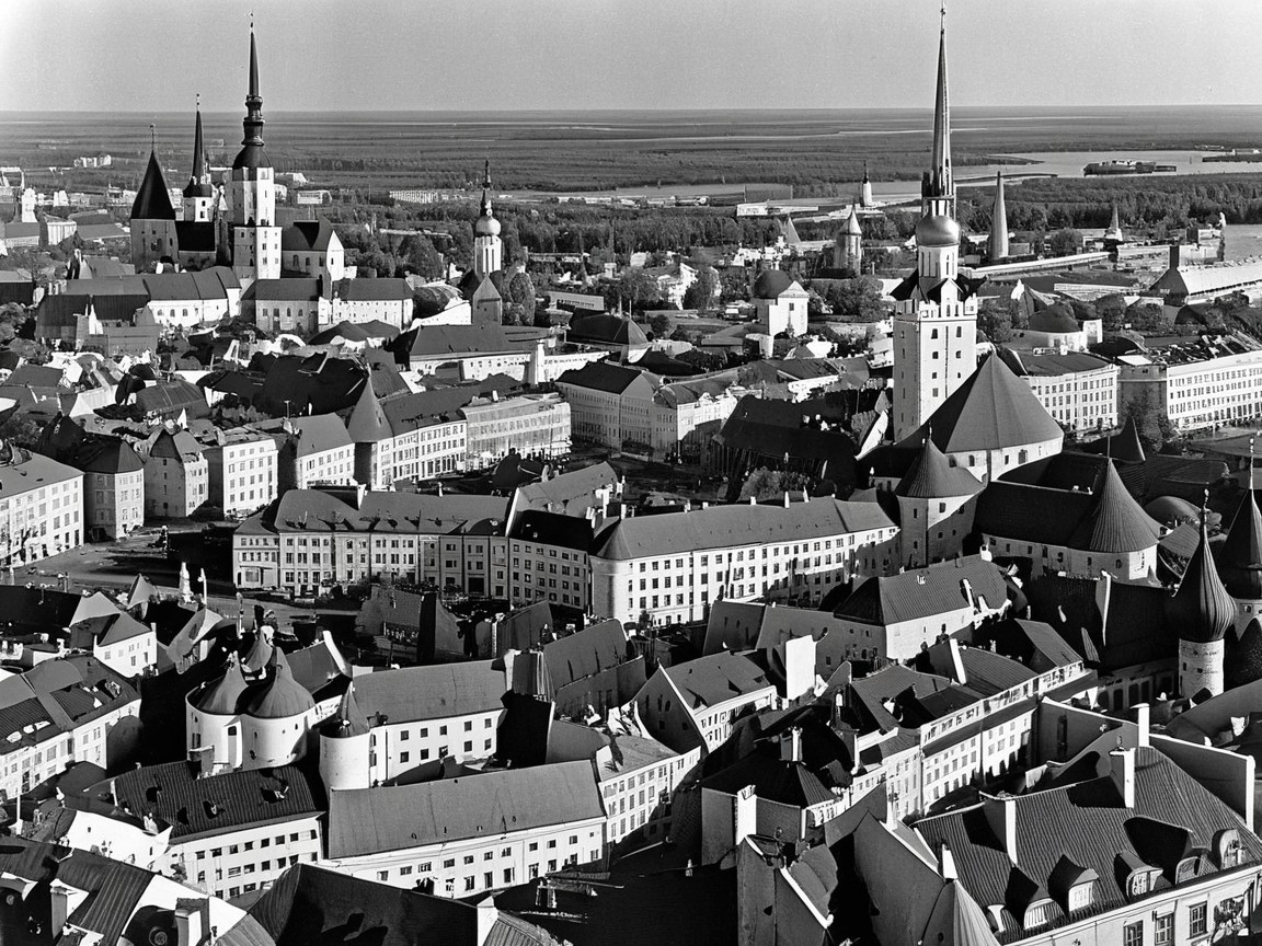 Panoramic Black and White View of Historic Cityscape