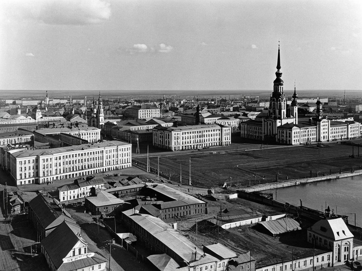 Black and White Cityscape with Diverse Architecture