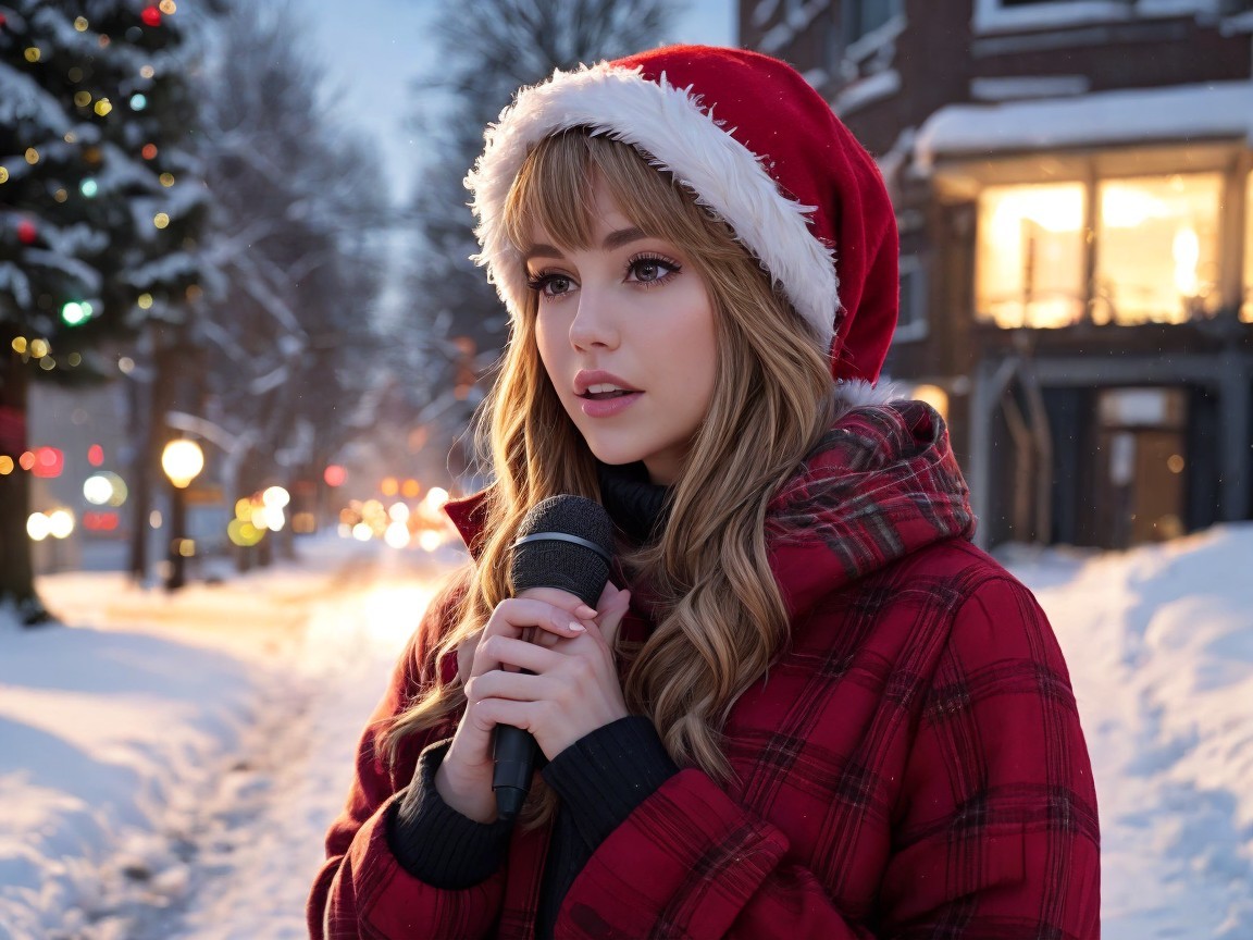 Young Woman in Red Plaid Coat on Snowy Street